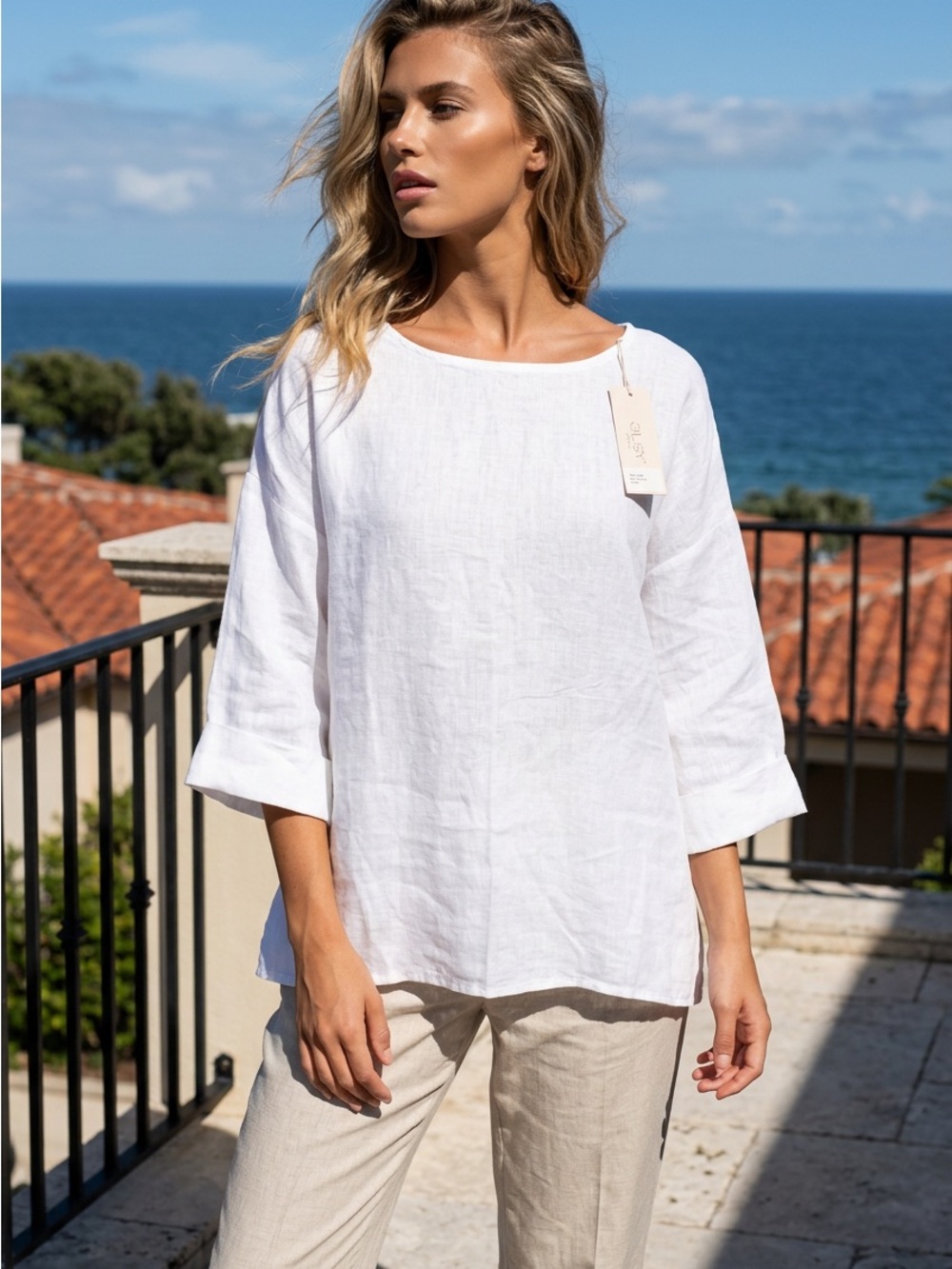 Giusy Linen Top Small White Blouse Lagenlook Oversized Boho Cottage Gauzy Beach